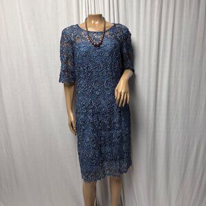 CB RSVP Blue Lace Dress Womens Size 12 Sheer Short Sleeves Keyhole Back Cocktail